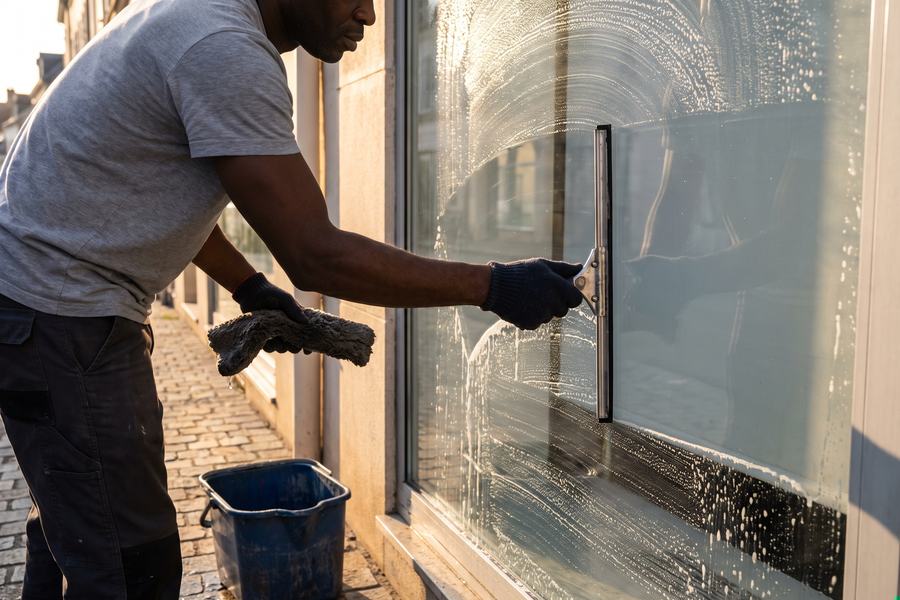 Dégraissage de vitrines de magasins — Laveur de vitres