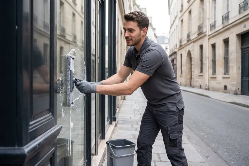 Dégraissage de vitrines de magasins — Laveur de vitres